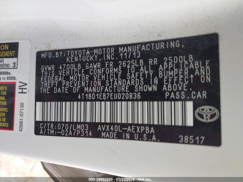 2014 Toyota Avalon Hybrid Limited VIN: 4T1BD1EB7EU020836 Lot: 39852200