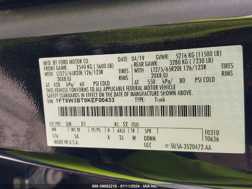2019 Ford F-350 Lariat VIN: 1FT8W3BT9KEF00433 Lot: 39852215