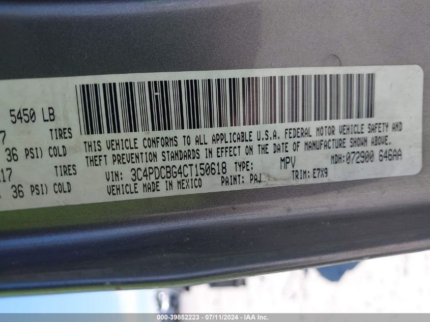 2012 Dodge Journey Sxt VIN: 3C4PDCBG4CT150618 Lot: 39852223