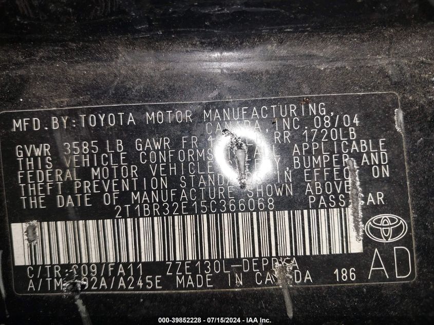 2005 Toyota Corolla Ce VIN: 2T1BR32E15C366068 Lot: 39852228