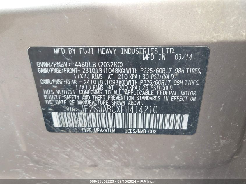2015 Subaru Forester 2.5I VIN: JF2SJABCXFH414210 Lot: 39852229