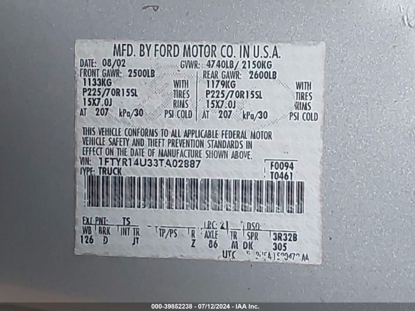 2003 Ford Ranger Edge/Tremor/Xl/Xlt VIN: 1FTYR14U33TA02887 Lot: 39852238