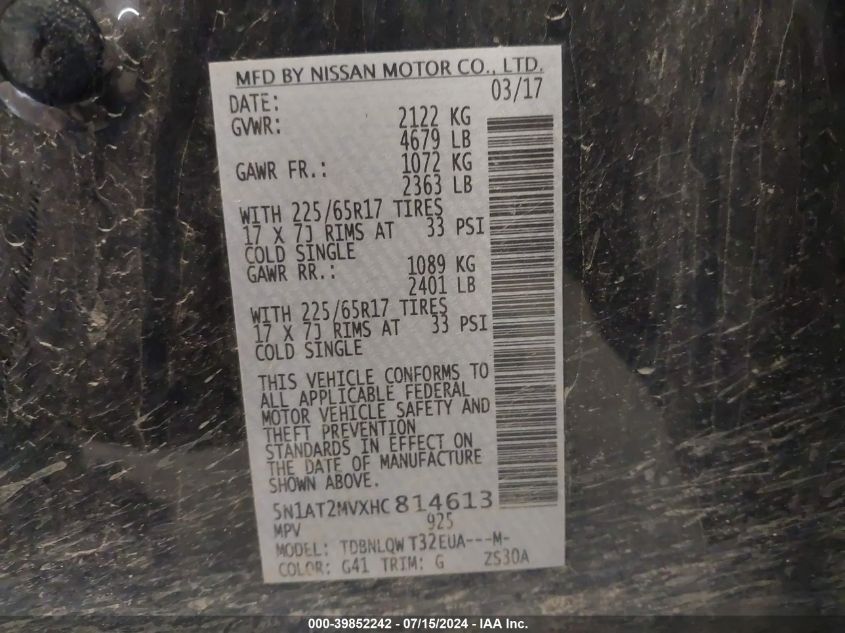 2017 Nissan Rogue Sv VIN: 5N1AT2MVXHC814613 Lot: 39852242