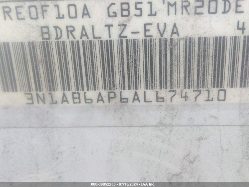 2010 Nissan Sentra 2.0Sr VIN: 3N1AB6AP6AL674710 Lot: 39852255