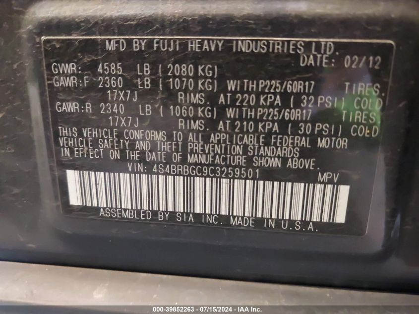 2012 Subaru Outback 2.5I Premium VIN: 4S4BRBGC9C3259501 Lot: 39852263