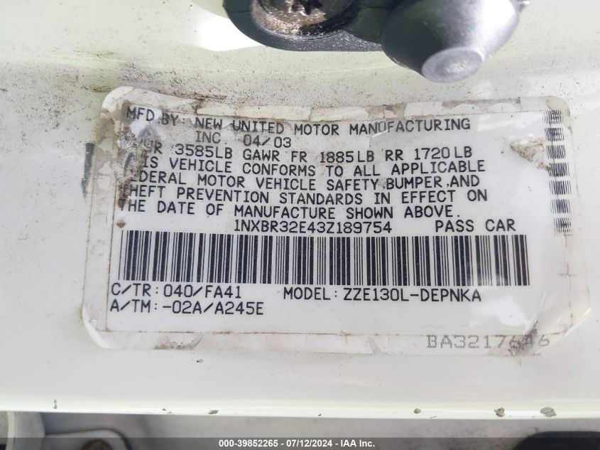 2003 Toyota Corolla Le VIN: 1NXBR32E43Z189754 Lot: 39852265