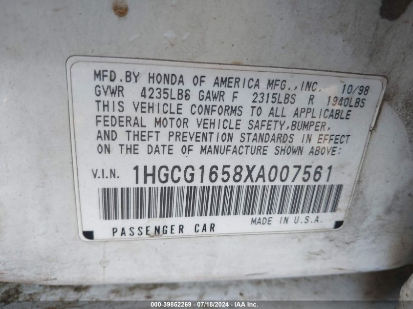1999 Honda Accord Ex V6 VIN: 1HGCG1658XA007561 Lot: 39852269