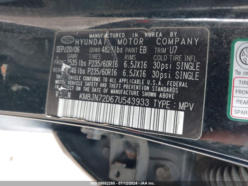 2007 Hyundai Tucson Limited/Se VIN: KM8JN72D67U543933 Lot: 39852285