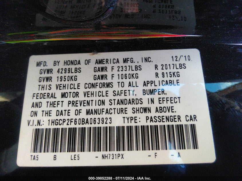 2011 Honda Accord 2.4 Se VIN: 1HGCP2F60BA063923 Lot: 39852288
