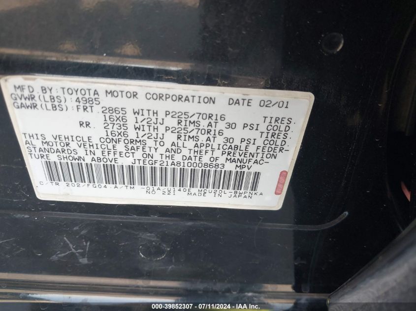 2001 Toyota Highlander V6 VIN: JTEGF21A810008683 Lot: 39852307