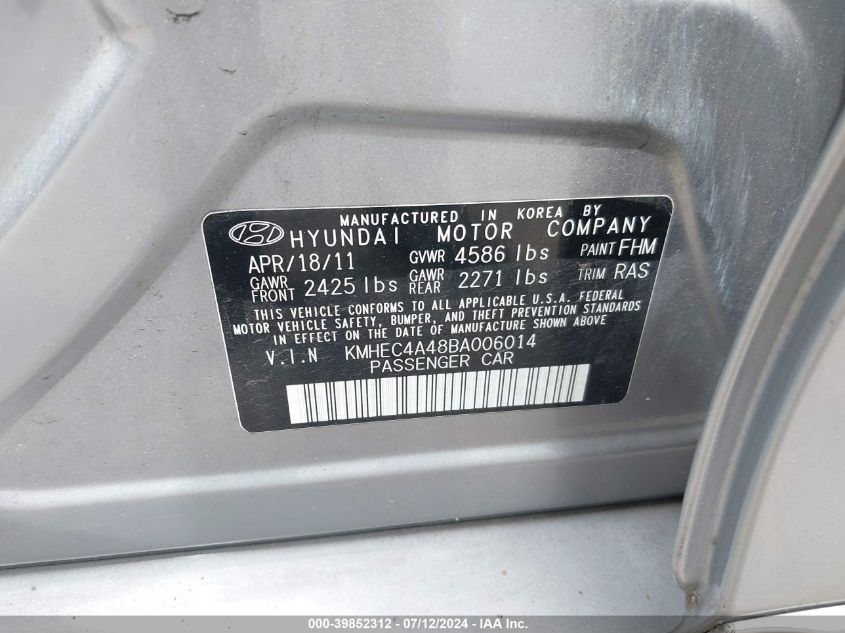 2011 Hyundai Sonata Hybrid VIN: KMHEC4A48BA006014 Lot: 39852312