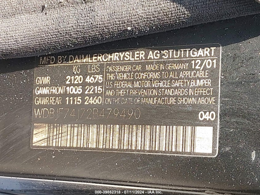 2002 Mercedes-Benz E 55 Amg VIN: WDBJF74J72B479490 Lot: 39852318