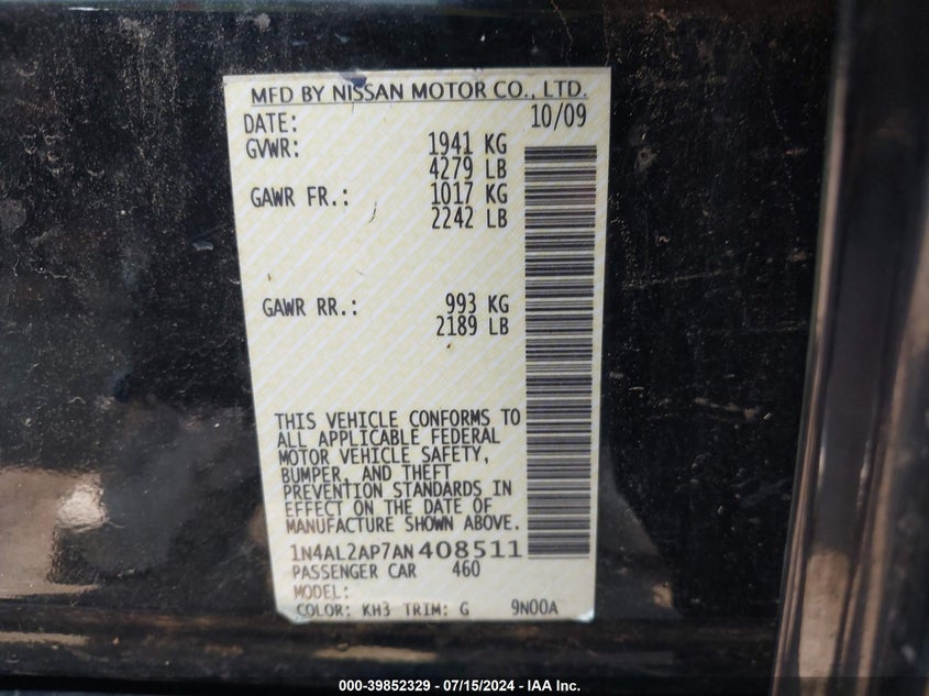 2010 Nissan Altima 2.5 S VIN: 1N4AL2AP7AN408511 Lot: 39852329