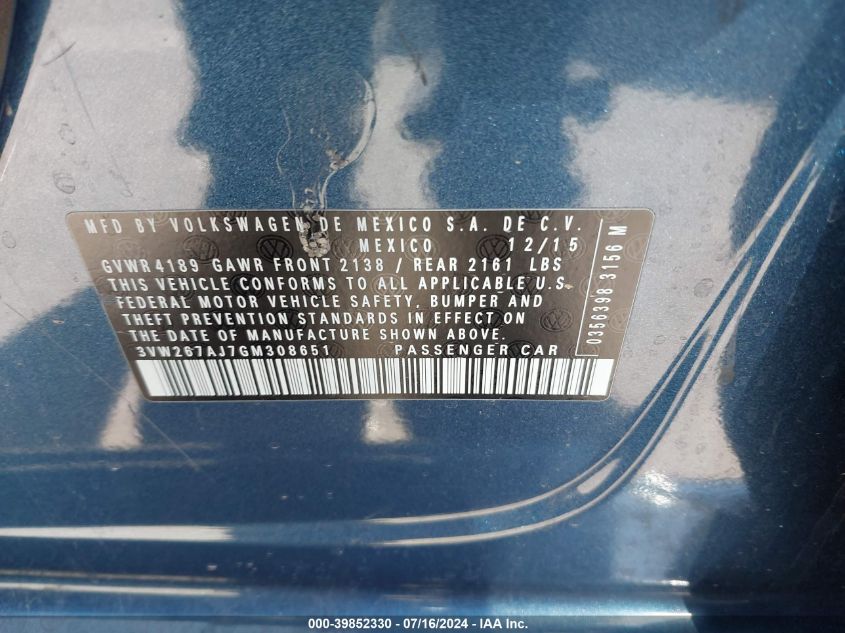 2016 Volkswagen Jetta Sedan 1.4T S W/Technology VIN: 3VW267AJ7GM308651 Lot: 39852330