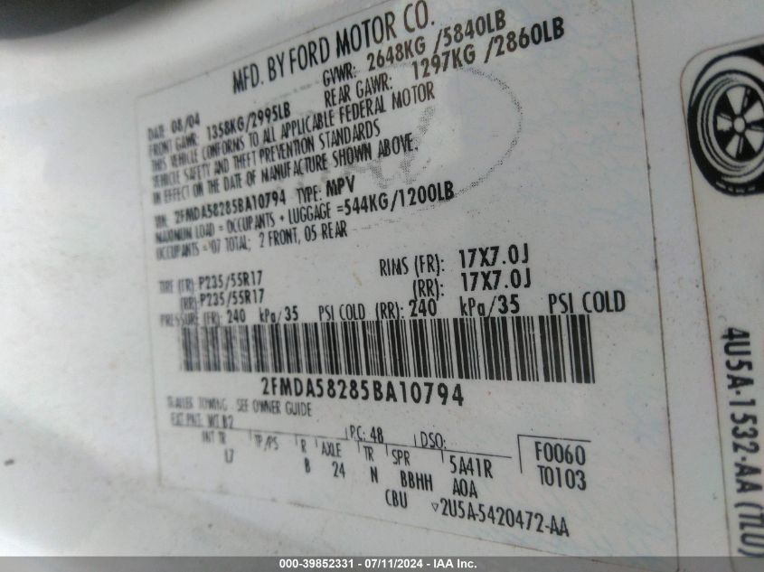 2005 Ford Freestar Limited VIN: 2FMDA58285BA10794 Lot: 39852331