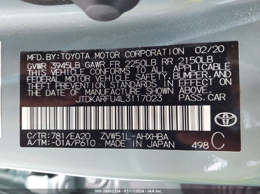 2020 Toyota Prius Xle VIN: JTDKARFU4L3117023 Lot: 39852334