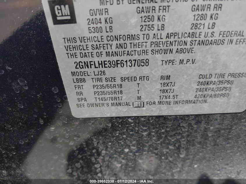 2015 Chevrolet Equinox Ltz VIN: 2GNFLHE39F6137058 Lot: 39852338