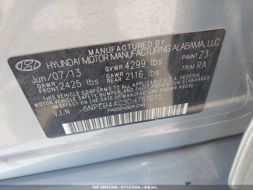 2013 Hyundai Sonata Gls VIN: 5NPEB4AC3DH761615 Lot: 39852349