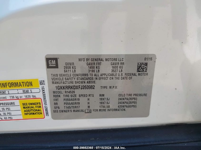 2015 GMC Acadia Slt-1 VIN: 1GKKRRKDXFJ260982 Lot: 39852365