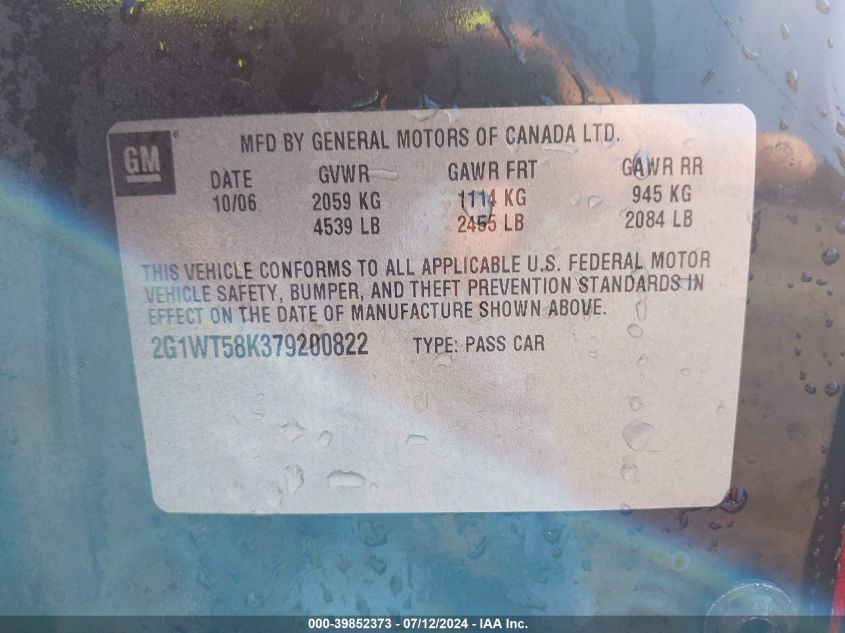 2007 Chevrolet Impala Lt VIN: 2G1WT58K379200822 Lot: 39852373