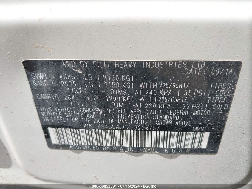 2015 Subaru Outback 2.5I Premium VIN: 4S4BSACCXF3226757 Lot: 39852391