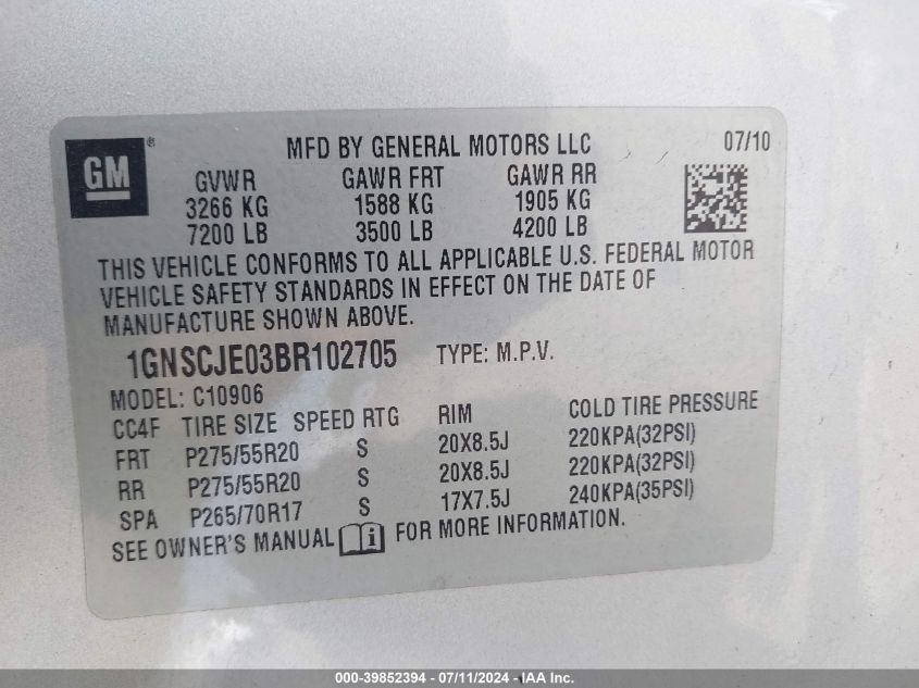 2011 Chevrolet Suburban 1500 Lt1 VIN: 1GNSCJE03BR102705 Lot: 39852394