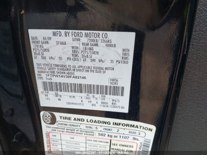 2009 Ford F-150 Fx4/King Ranch/Lariat/Platinum/Xl/Xlt VIN: 1FTPW14V39FA82146 Lot: 39852397