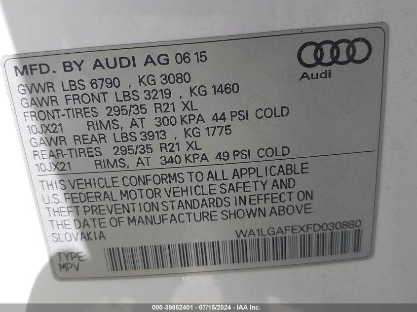 2015 Audi Q7 3.0T Premium VIN: WA1LGAFEXFD030880 Lot: 39852401