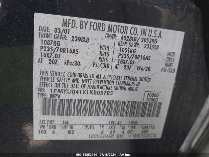 2001 Ford Escape Xlt VIN: 1FMYU041X1KB05785 Lot: 39852414