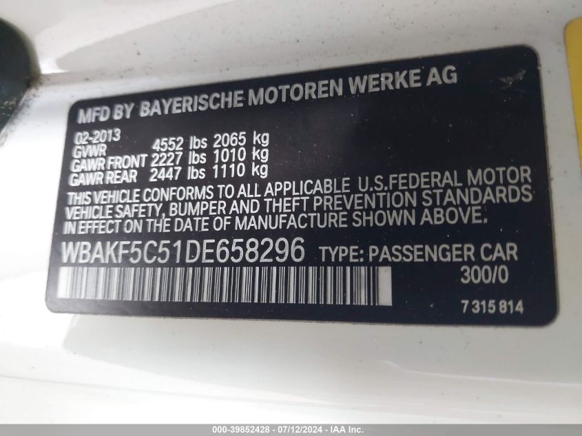 2013 BMW 328I xDrive VIN: WBAKF5C51DE658296 Lot: 39852428