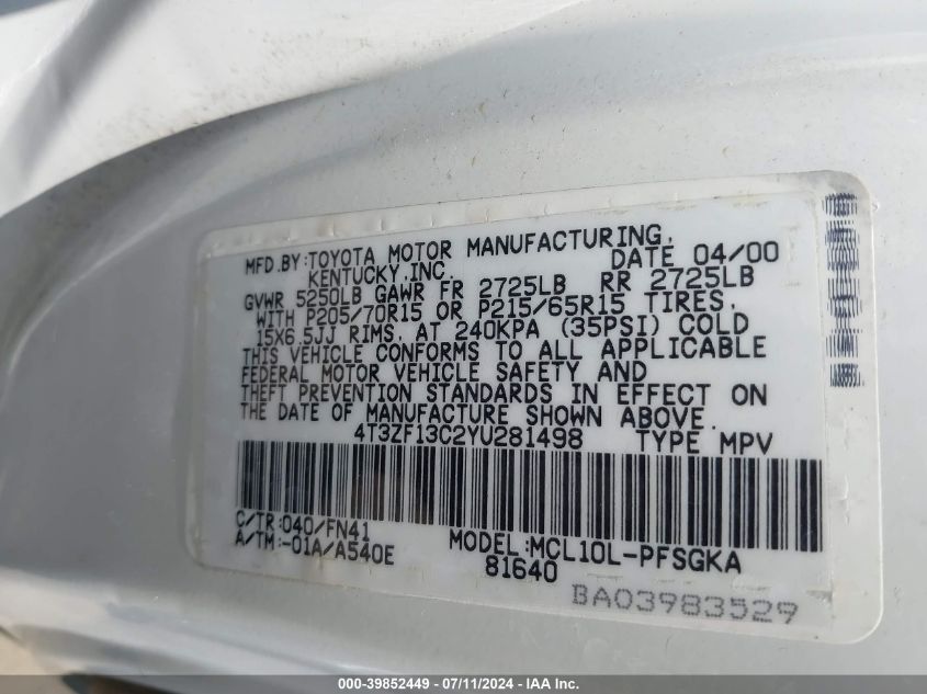 2000 Toyota Sienna Le VIN: 4T3ZF13C2YU281498 Lot: 39852449