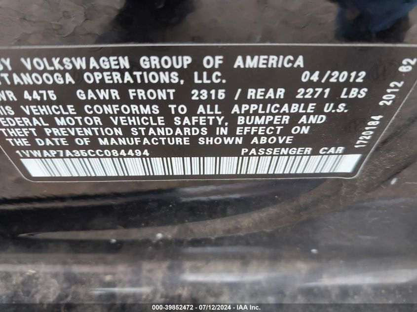 2012 Volkswagen Passat 2.5L S VIN: 1VWAP7A35CC084494 Lot: 39852472
