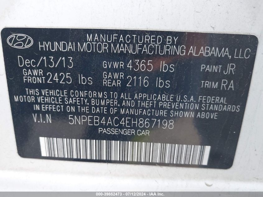 2014 HYUNDAI SONATA GLS - 5NPEB4AC4EH867198