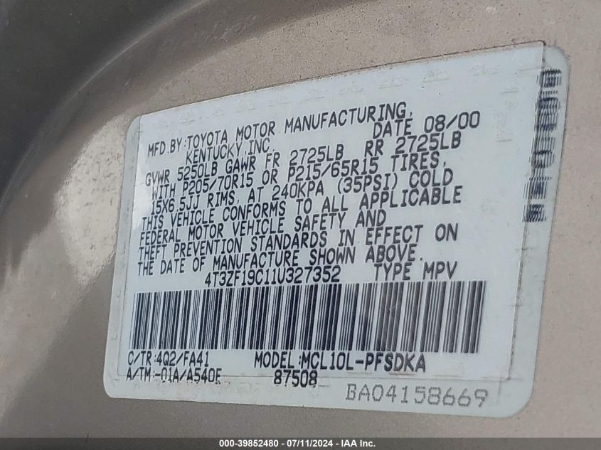 2001 Toyota Sienna Ce VIN: 4T3ZF19C11U327352 Lot: 39852480