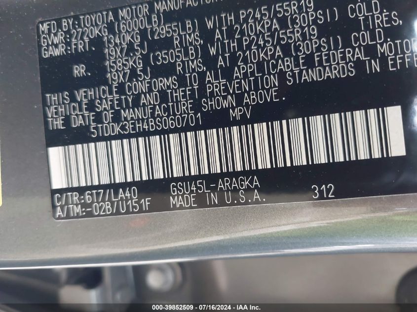 2011 Toyota Highlander Limited VIN: 5TDDK3EH4BS060701 Lot: 39852509