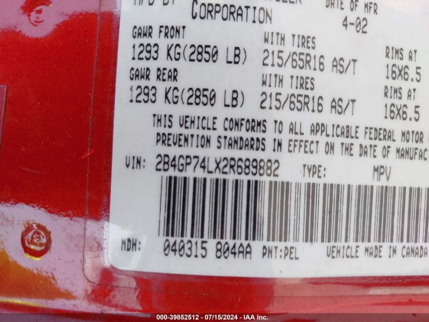 2002 Dodge Grand Caravan Ex VIN: 2B4GP74LX2R689882 Lot: 39852512