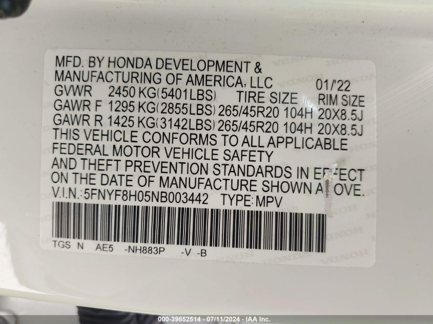 5FNYF8H05NB003442 2022 Honda Passport Awd Elite