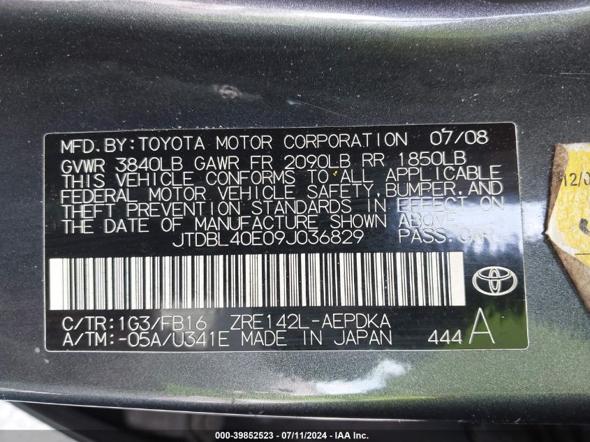 2009 Toyota Corolla Le VIN: JTDBL40E09J036829 Lot: 39852523