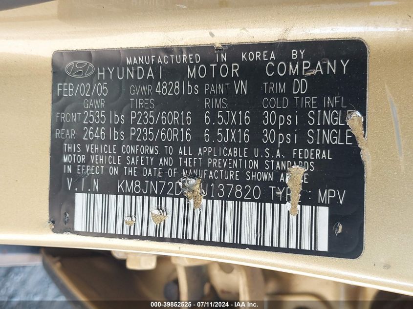 2005 Hyundai Tucson Gls/Lx VIN: KM8JN72D55U137820 Lot: 39852525