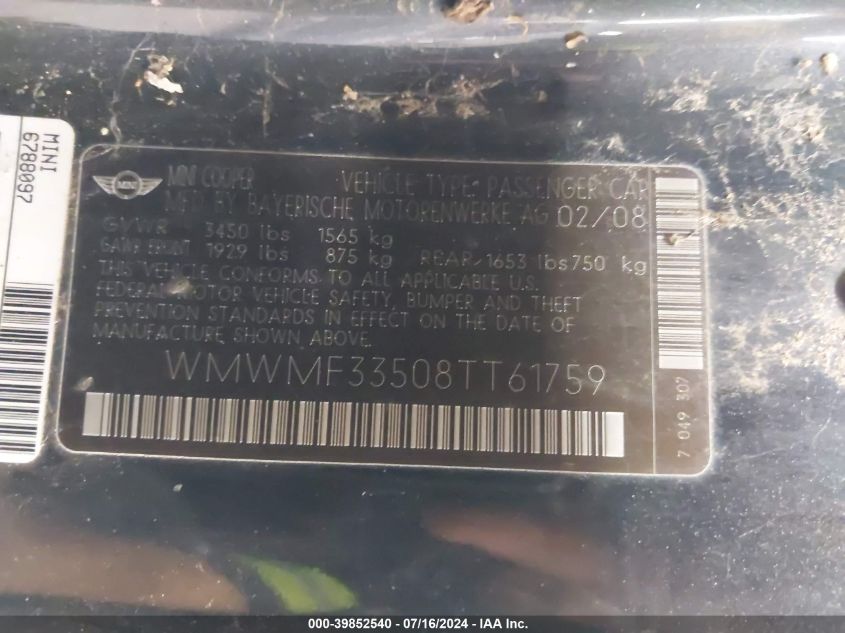 2008 Mini Cooper VIN: WMWMF33508TT61759 Lot: 39852540