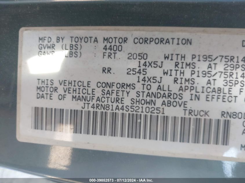 1995 Toyota Pickup 1/2 Ton Short Wheelbase VIN: JT4RN81A4S5210251 Lot: 39852573