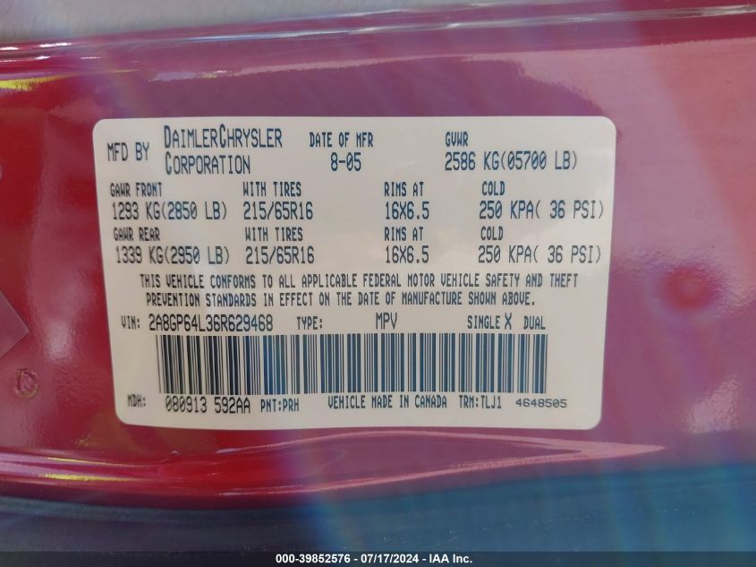 2006 Chrysler Town & Country Limited VIN: 2A8GP64L36R629468 Lot: 39852576