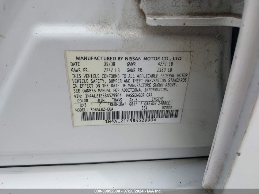 2008 Nissan Altima 2.5 S VIN: 1N4AL21E58N529904 Lot: 39852600