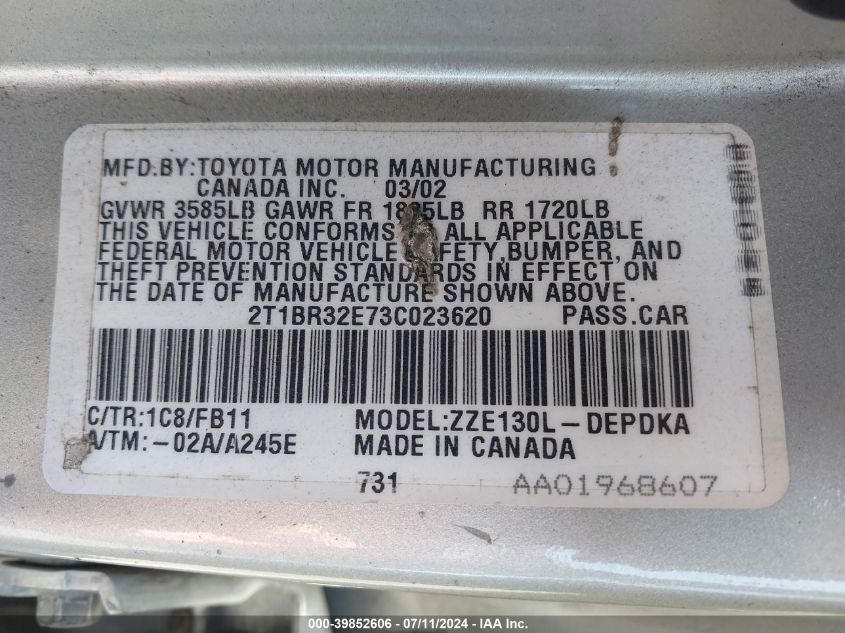 2003 Toyota Corolla Ce VIN: 2T1BR32E73C023620 Lot: 39852606