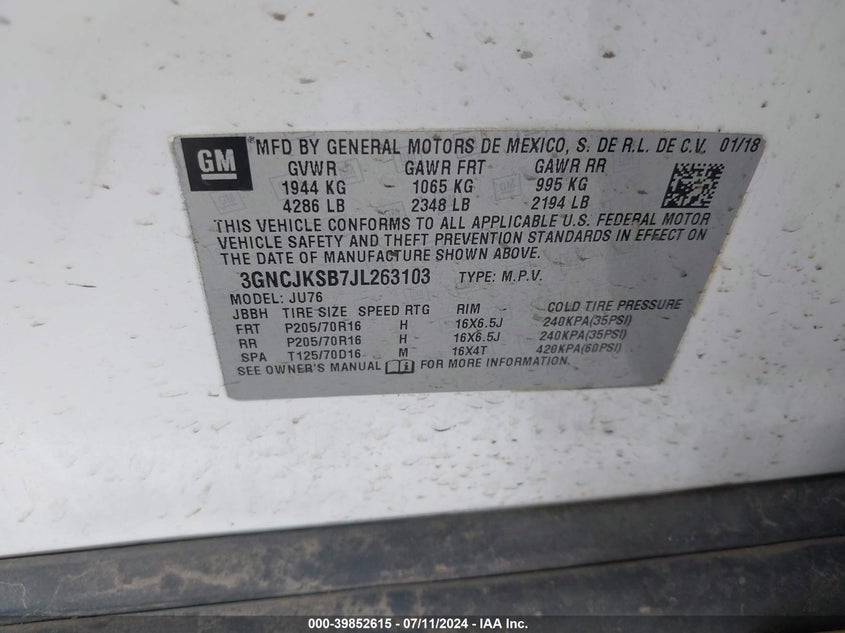 VIN 3GNCJKSB7JL263103 2018 CHEVROLET TRAX LS