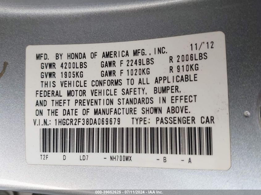 1HGCR2F38DA069679 2013 Honda Accord Lx