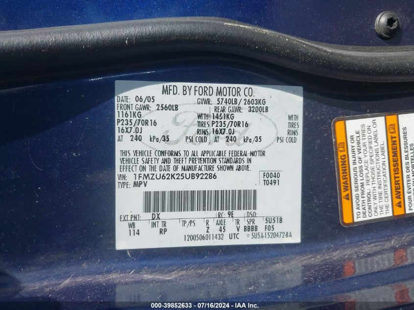 2005 Ford Explorer Xls/Xls Sport VIN: 1FMZU62K25UB92286 Lot: 39852633