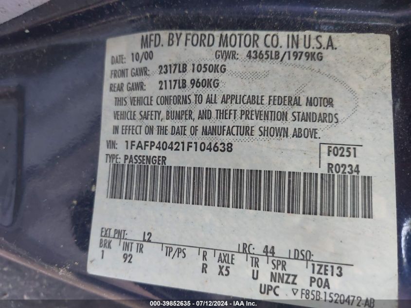 2001 Ford Mustang VIN: 1FAFP40421F104638 Lot: 39852635