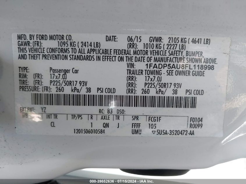 2015 Ford C-Max Hybrid Se VIN: 1FADP5AU8FL118998 Lot: 39852636