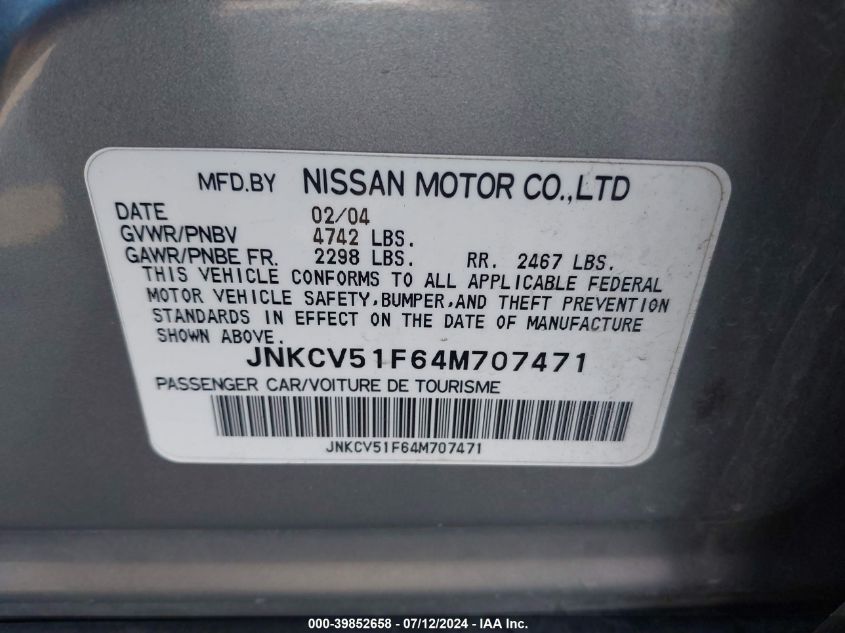 2004 Infiniti G35X VIN: JNKCV51F64M707471 Lot: 39852658